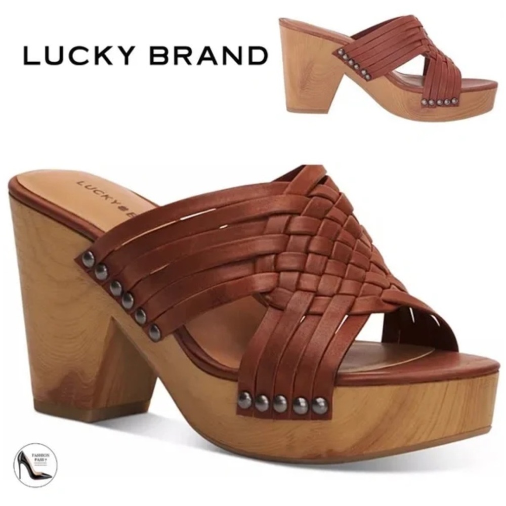 Lucky Brand Tellimi Woven Leather Platform Clog Sandals Brandy Size 9.5 NWOT